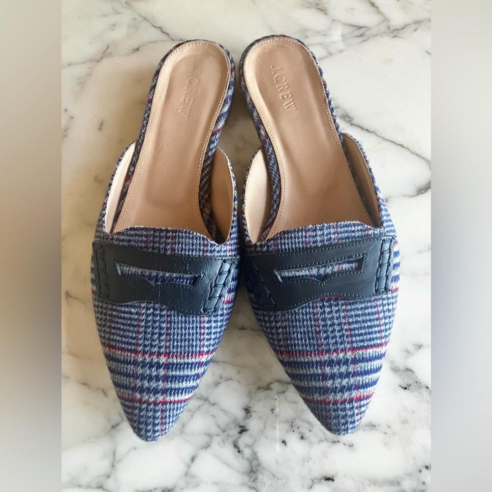 EUC Charming J.CREW Glen Plaid Slides W/ Leather Loafer Detail 7.5 Blue/Red/Grey